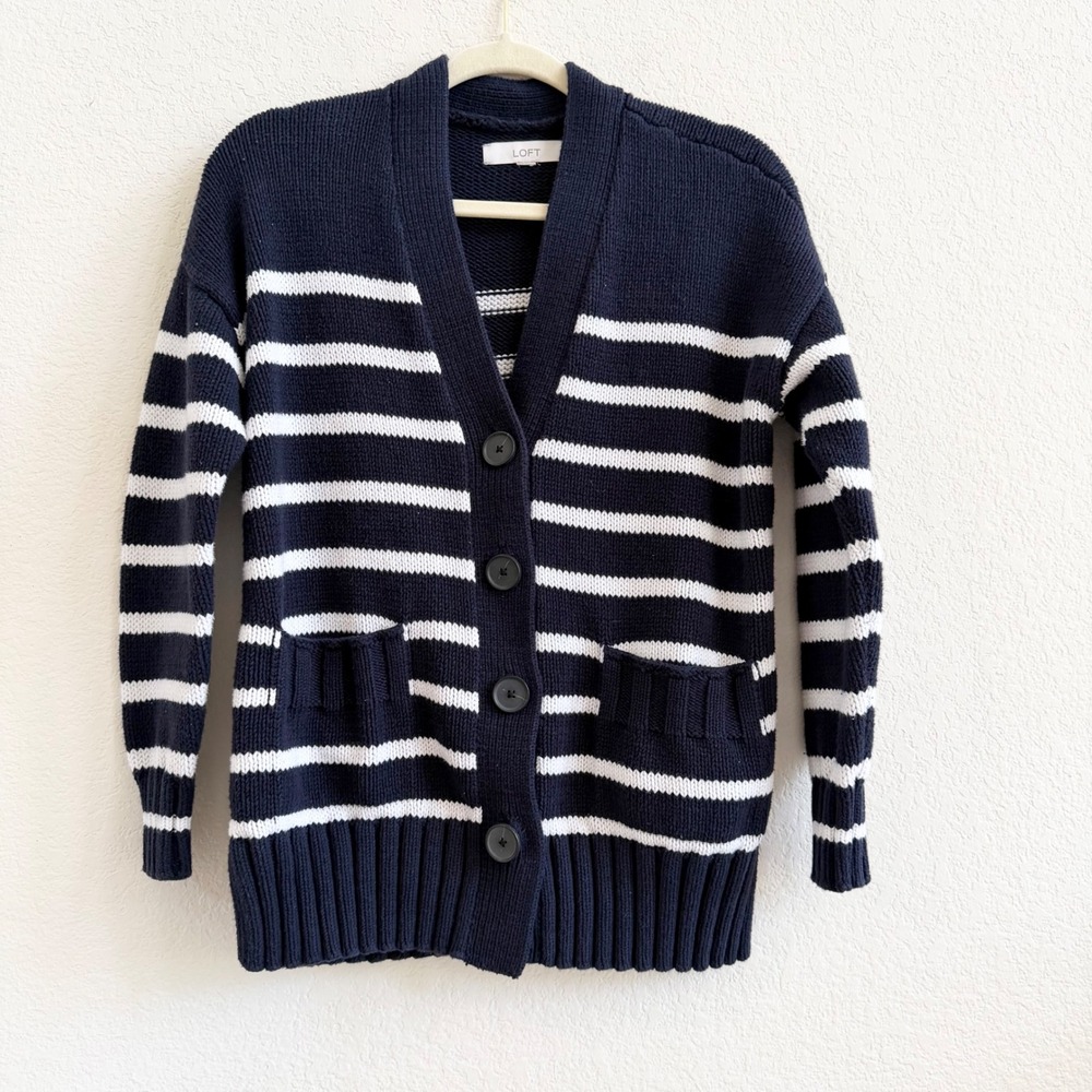 LOFT Navy Blue White Striped Chunky Knit Button Front Cardigan Sweater Women S